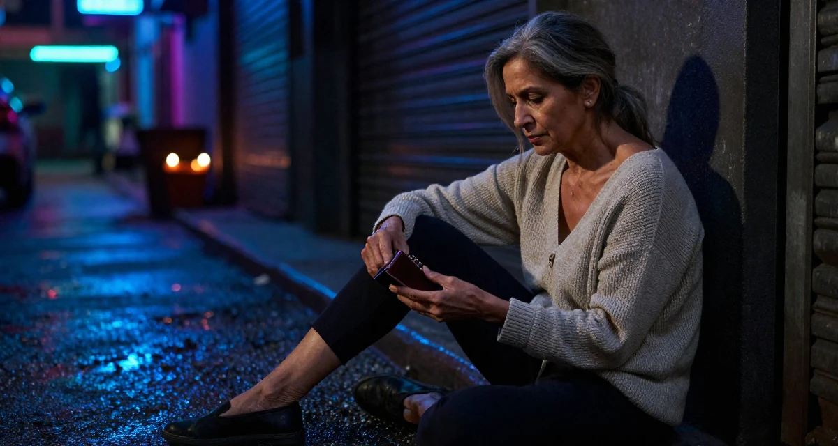 A stoic and strong Female From Mumbai India, studied film production in their 50, sharing the secrets of graceful aging, wearing a open-back sweater showing the spine, checking a wallet in a urban street.