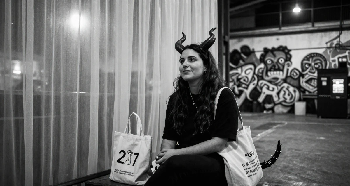 A contented Female From Israel, majored in computational biology in their 27, investing in equipment instead of vacations, wearing a demon girl outfit with horns and a spiked tail, carrying a tote bag in a industrial warehouse.