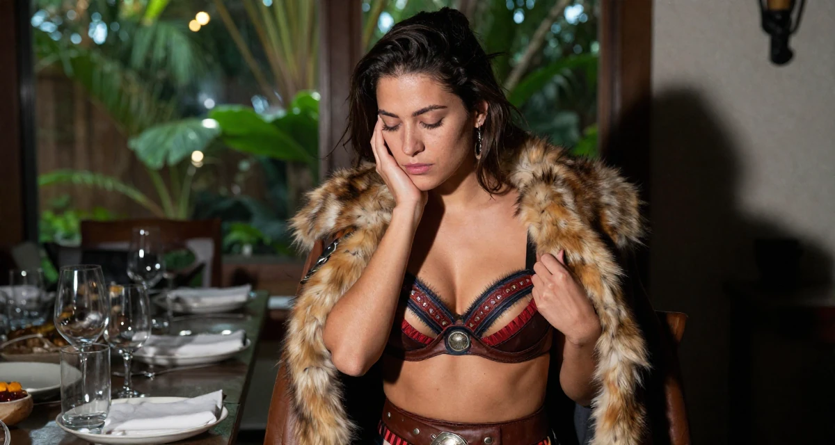 A vulnerable Female From USA, trained as a yoga instructor in their 23, experimenting with bolder lingerie styles while staying safe, wearing a barbarian warrior outfit with faux fur and leather, unbuttoning a coat in a dining room.