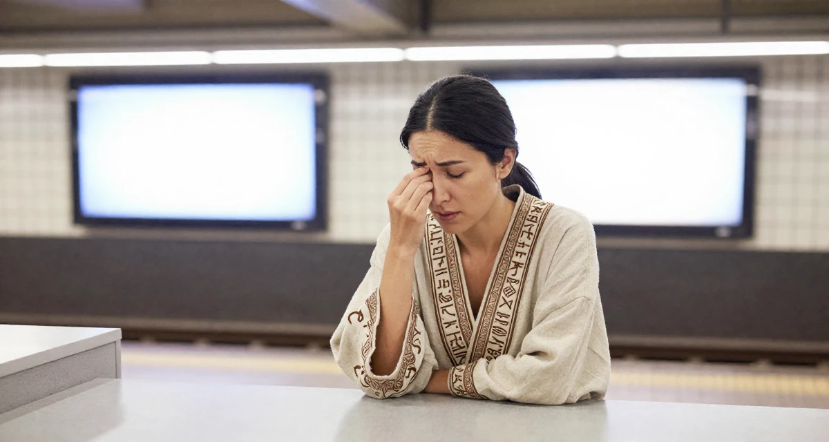 A worried Female Once a logistics temp worker, now enjoying flexible creator life in their 45, sharing the beauty of a quiet rural life, wearing a cultist robe with mysterious rune embroidery, rubbing eyes in a basement studio.