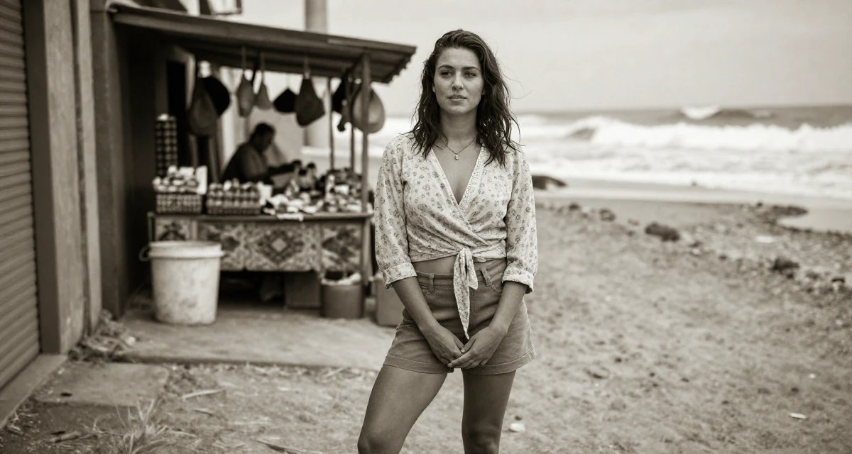 A relaxed and carefree Female Former Uber driver, now building slow-burn lifestyle storytelling in their 22, managing new financial responsibilities, wearing a wrap-front blouse and tailored shorts, clasping hands together in a quiet alleyway.