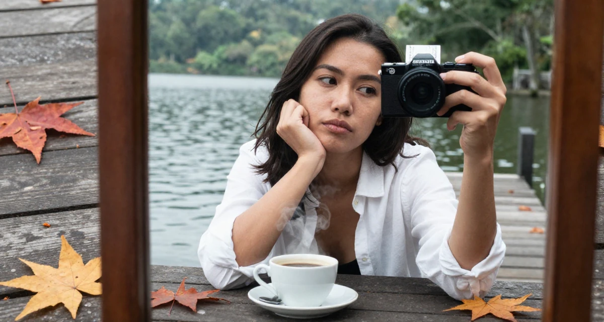 A introspective Female From Indonesia, based in Bali, graduated from an arts institute majoring in expressive digital portraits in their 32, focusing on health and longevity habits, wearing a white shirt unbuttoned to the chest, holding a passport or ticket in a lakeside dock.