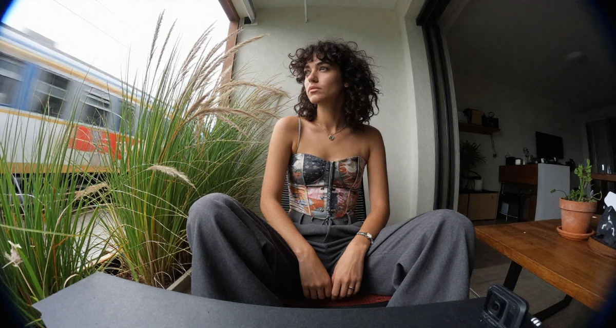 A guarded Female From Argentina, based in Buenos Aires, graduated from a media institute majoring in flirtatious content styling in their 31, sharing tips on modern urban gardening, wearing a corset-style top and wide-leg trousers, resting hands on a table in a home interior.