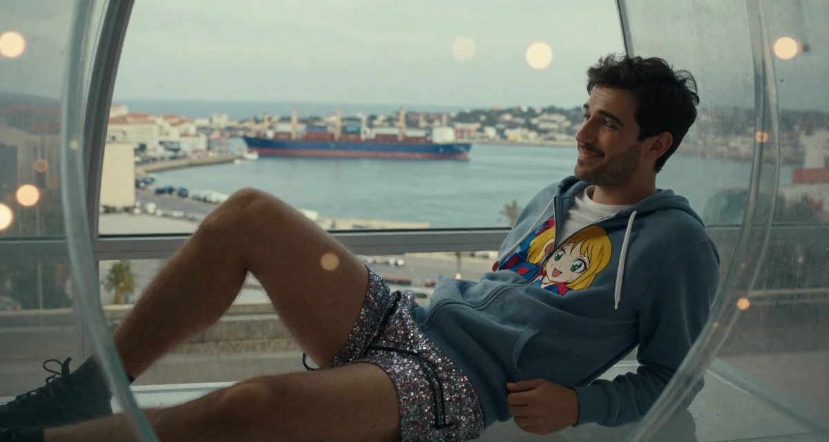 A satisfied male From Portugal, based in Faro, graduated from a media institute majoring in stylish audiovisual curation in their 25, experimenting with niche themes to stand out, wearing a magical girl anime costume with a sparkly short skirt, zipping up a hoodie in a dungeon cell.