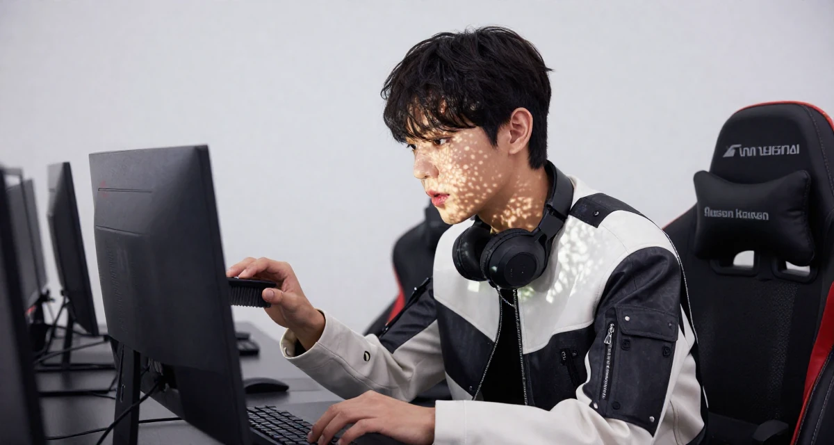 A soulful male From Busan South Korea, majored in industrial design in their 22, learning how music influences the sexy vibe of content, wearing a modern tech-wear inspired look, brushing off dust in a gaming room.