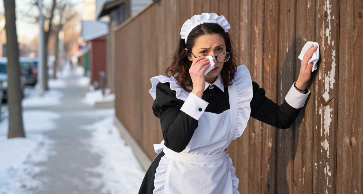 A timid Female From Canada, studied kinesiology in their 55, exploring digital entrepreneurship, wearing a maid outfit with a white apron and ruffled headband, cleaning glasses with a cloth in a snowy sidewalk.