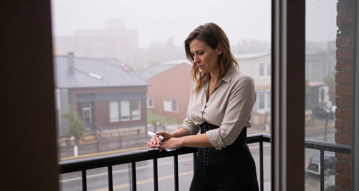 A teasing Female From Canada, has a diploma in graphic design in their 35, teaching financial literacy to other women, wearing a button-up shirt with a corset belt and black pants, wiping hands in a rainy street corner.