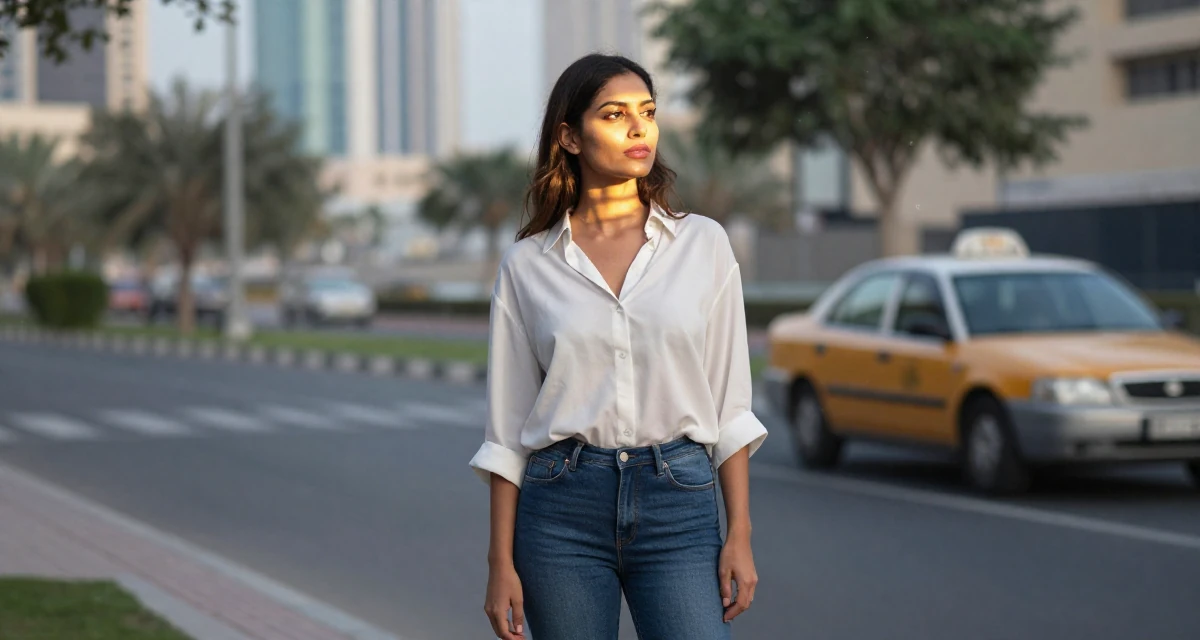 A glowing Female From Abu Dhabi UAE, learned studio production and lighting design in their 30, transitioning from corporate grind to creative freedom, wearing a loose fitting blouse tucked into tight jeans, waiting for a taxi in a quiet park.