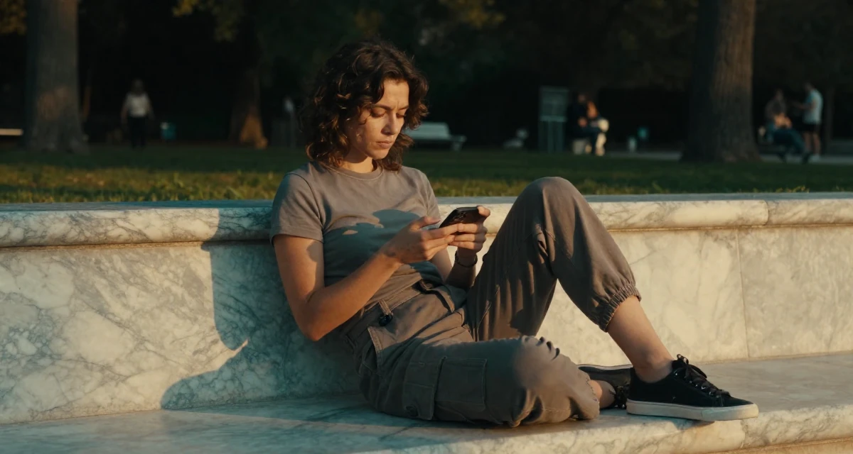 A stoic and strong Female From Italy, majored in photography and visual arts in their 27, feeling more comfortable in their own skin, wearing a simple t-shirt and cargo pants, inspecting an object in a quiet park.