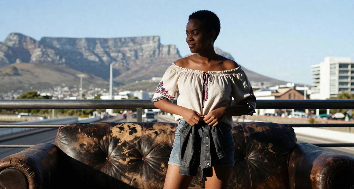 A lighthearted Female From Cape Town South Africa, studied film editing in their 24, learning how to set boundaries in private messages, wearing a boho style off-shoulder peasant top and shorts, buttoning up a jacket in a bridge walkway.