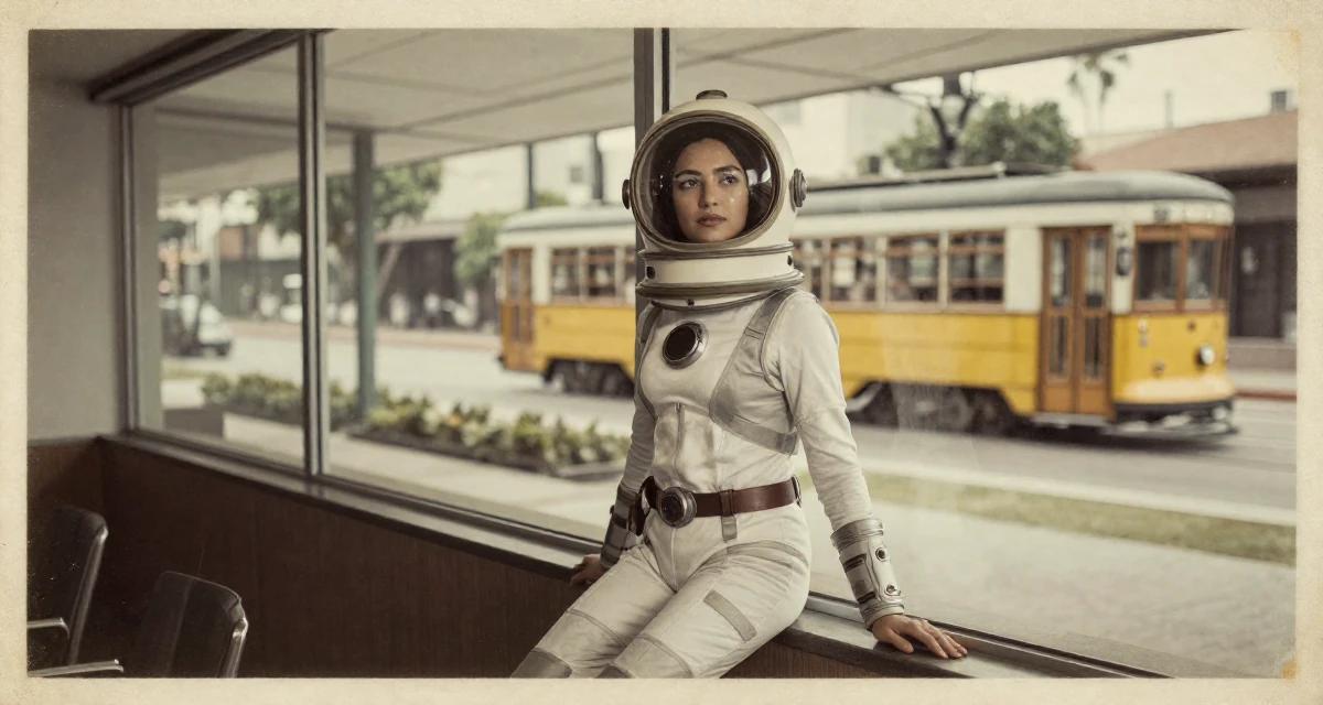 A serene Female From Mexico, studied cultural studies in their 25, adjusting to newfound independence, wearing a retro sci-fi space girl outfit with a bubble helmet, holding a railing in a conference room.