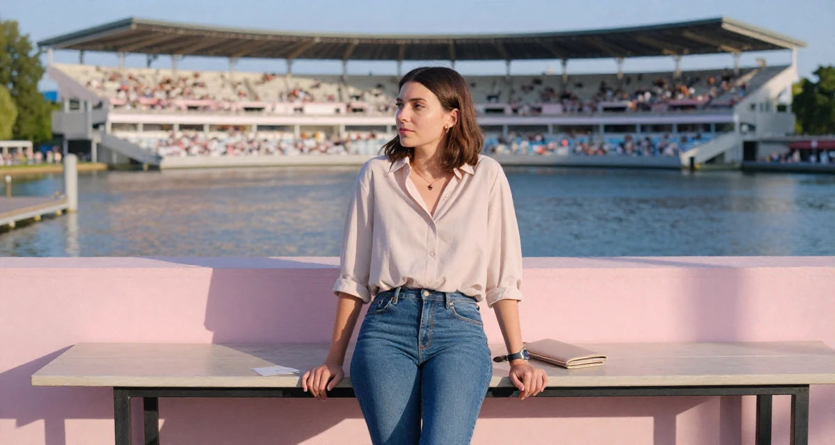 A thoughtful Female Once a freelance translator, now exploring multilingual creator content in their 22, learning workplace expectations and boundaries, wearing a loose fitting blouse tucked into tight jeans, clutching a clutch bag in a serene lakeside dock.