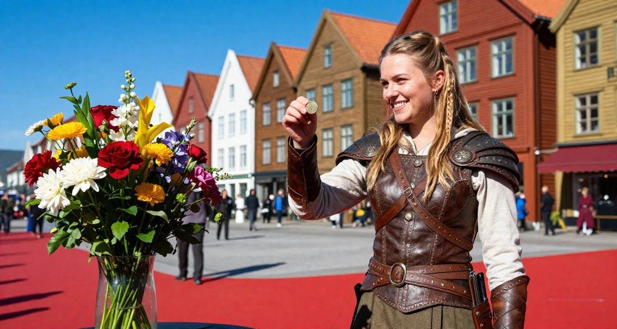 A cheerful Female From Norway, based in Stavanger, graduated from a cultural college majoring in mood-centered photography in their 25, feeling pressure from family about marriage, wearing a fantasy elven archer outfit with leather armor details, flipping a coin in a red carpet event.