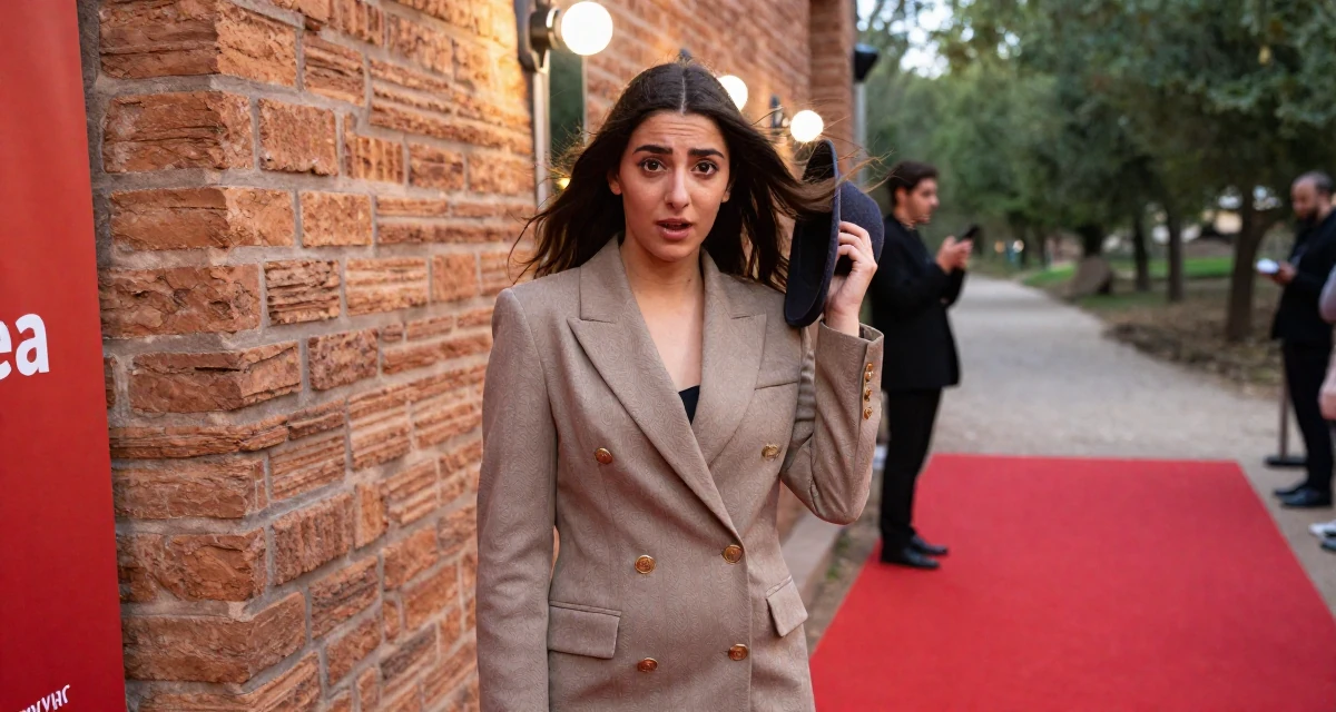 A anxious but excited Female From Morocco, majored in web development in their 25, transitioning from teenage habits to adult routines, wearing a double-breasted blazer dress with gold buttons, holding a hat against the wind in a red carpet event.