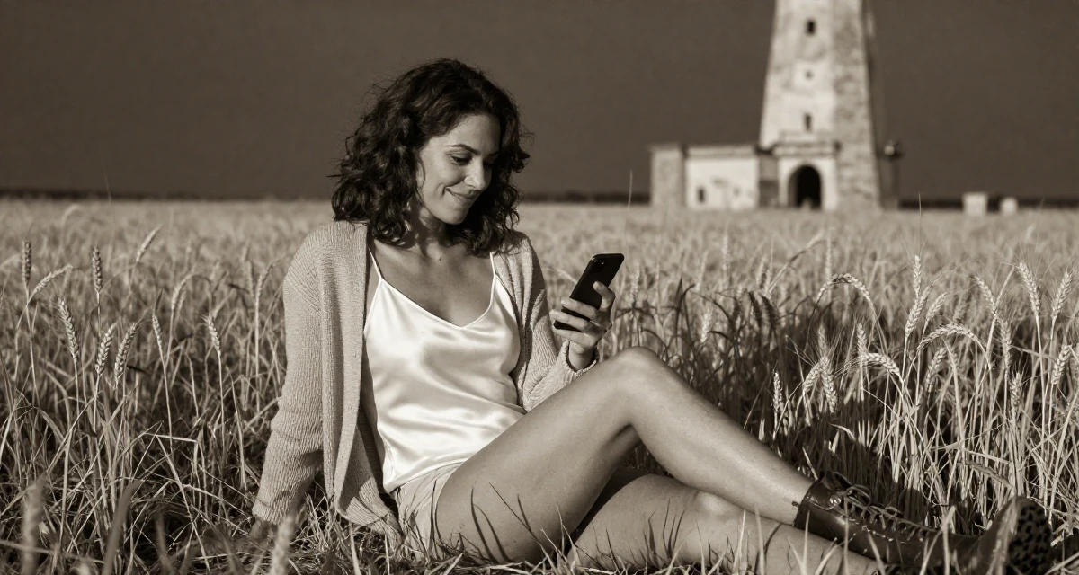 A delighted Female Former software engineer at 25, now crafting premium lifestyle content in their 35, commanding respect without raising a voice, wearing a white silk camisole and a beige cardigan, checking a notification on a phone in a golden wheat field.