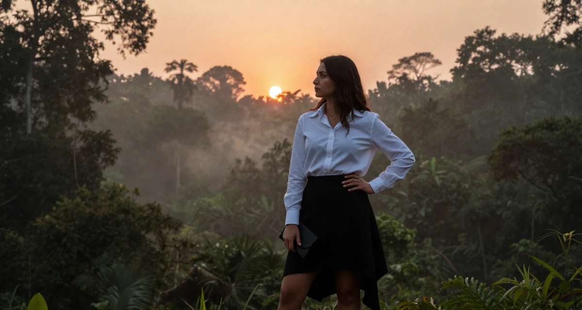A wistful Female From Arabic-speaking world, studied international logistics in their 23, analyzing which posts convert best, wearing a asymmetrical hem skirt and a crisp white shirt, clutching a clutch bag in a dense misty forest.