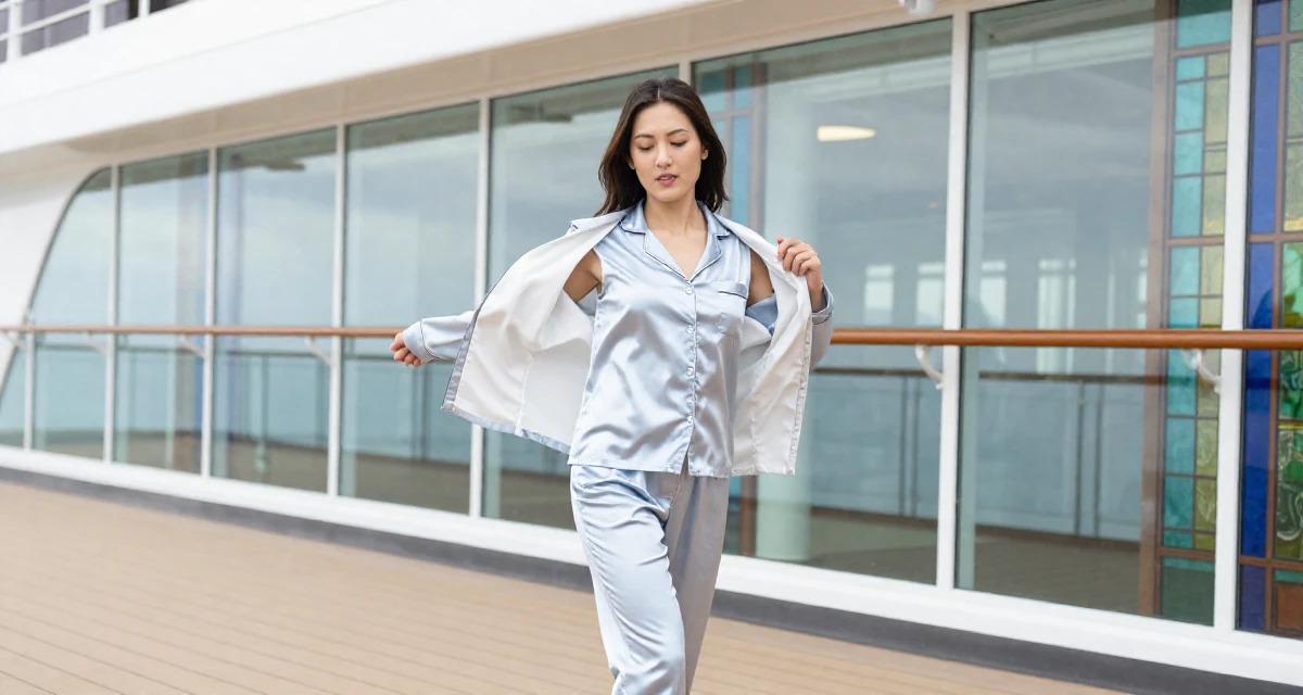A unbothered Female From Cebu Philippines, majored in nursing in their 25, learning to deal with unsolicited feedback online, wearing a satin pajamas set with the top unbuttoned, putting on a jacket in a cruise ship deck.