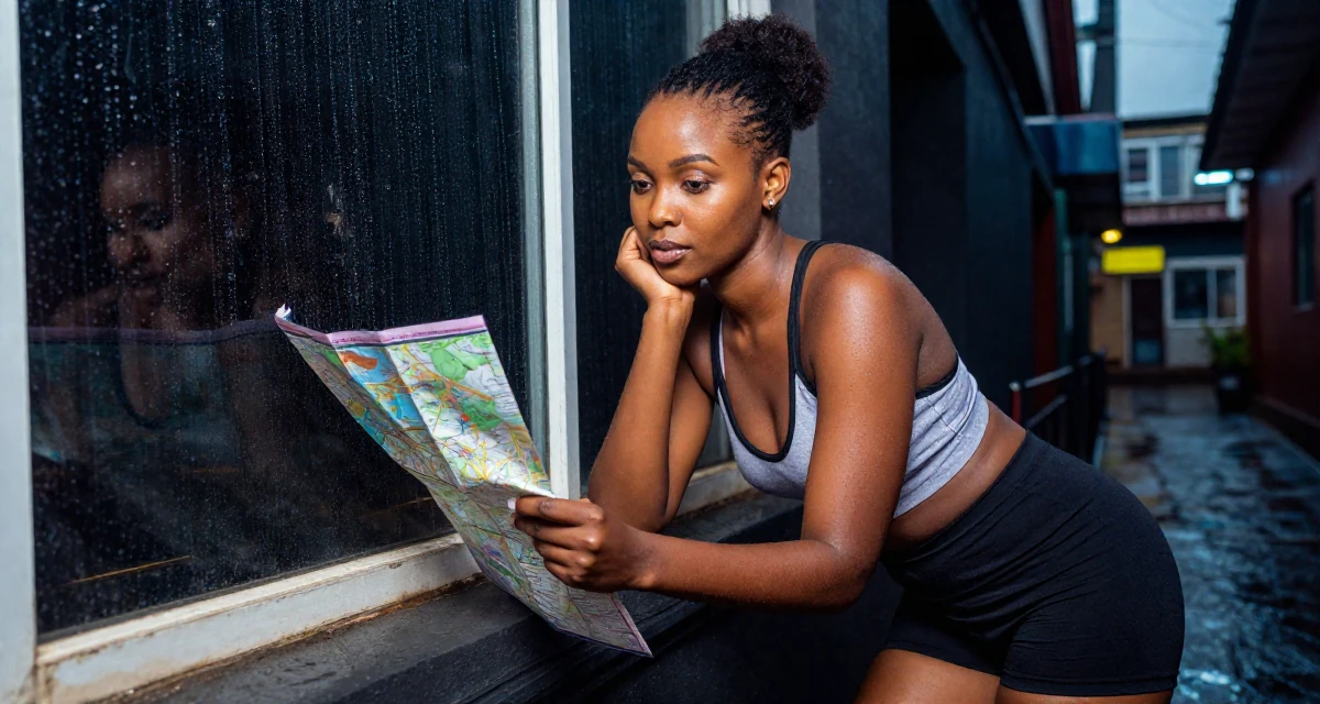 A innocent Female From Kenya, based in Nairobi, graduated from a creative institute majoring in aesthetic communication in their 30, planning a dream wedding on a budget, wearing a strappy gym top and compression shorts, looking at a map in a neon-lit alleyway.