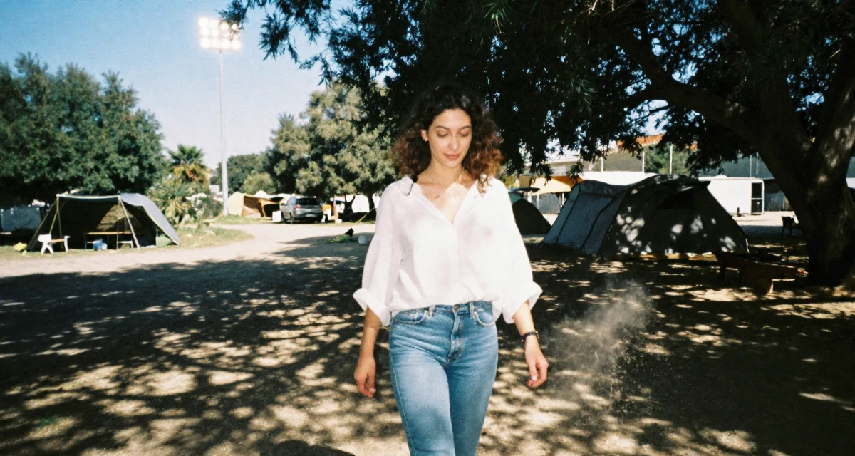 A peaceful Female From Israel, majored in computational biology in their 24, taking care of their physical health consistently, wearing a effortless white blouse and jeans, kicking up dust playfully in a camping site.