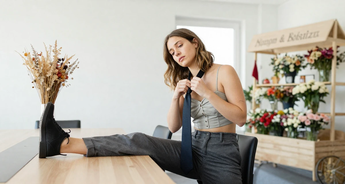 A tired Female From Netherlands, has a background in logistics in their 21, planning a gap year to escape reality, wearing a cropped bustier top and high-waisted slacks, playing with a tie in a conference room.