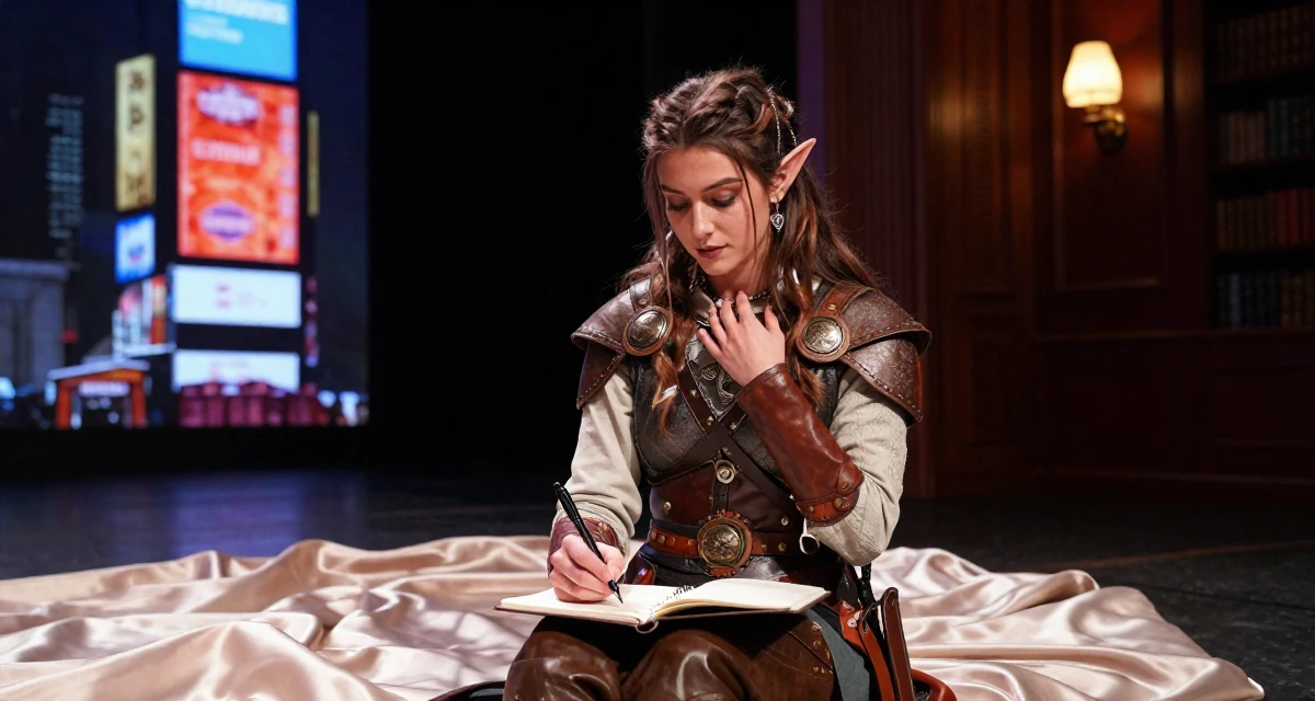 A dignified Female Previously a corporate HR specialist, now a digital intimacy coach in their 22, preparing for upcoming graduation requirements, wearing a fantasy elven archer outfit with leather armor details, writing in a notebook in a theater stage.