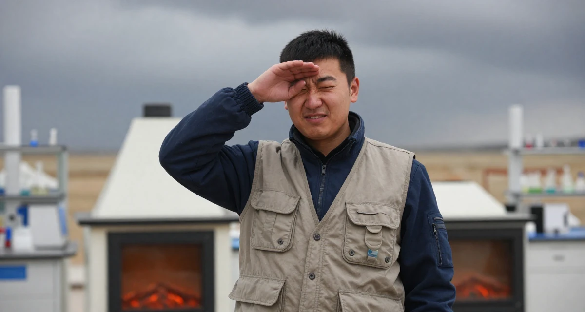 A lighthearted male From Mongolia, based in Ulaanbaatar, graduated from a national university majoring in media studies in their 25, developing early financial habits, wearing a urban explorer utility vest look, shielding face from the wind in a science lab.