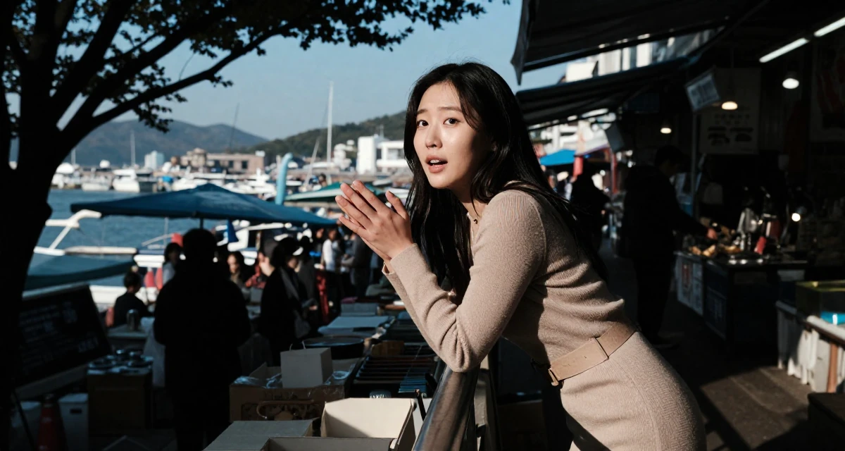 A lighthearted Female From Busan South Korea, majored in industrial design in their 25, excited but unsure about how to grow first followers, wearing a form-fitting sweater dress with a belt, clasping hands together in a bustling market.