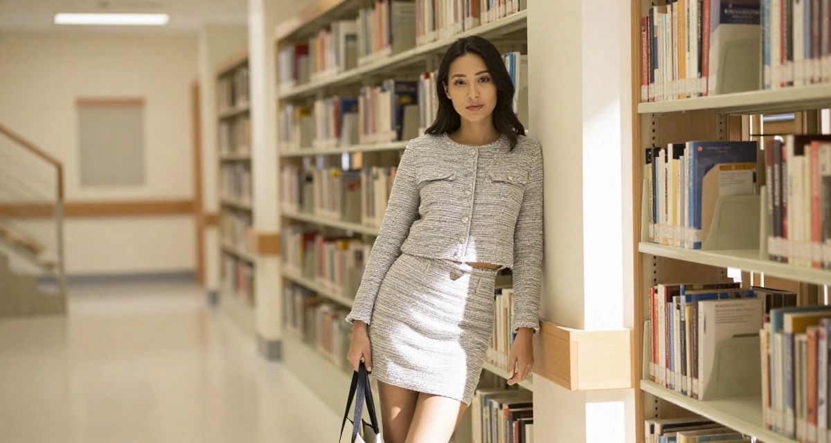 A steady Female From United States, majored in development economics in their 25, setting long-term goals for subscriptions and renewals, wearing a cropped tweed jacket and a high-waisted mini skirt, carrying a tote bag in a hospital corridor.