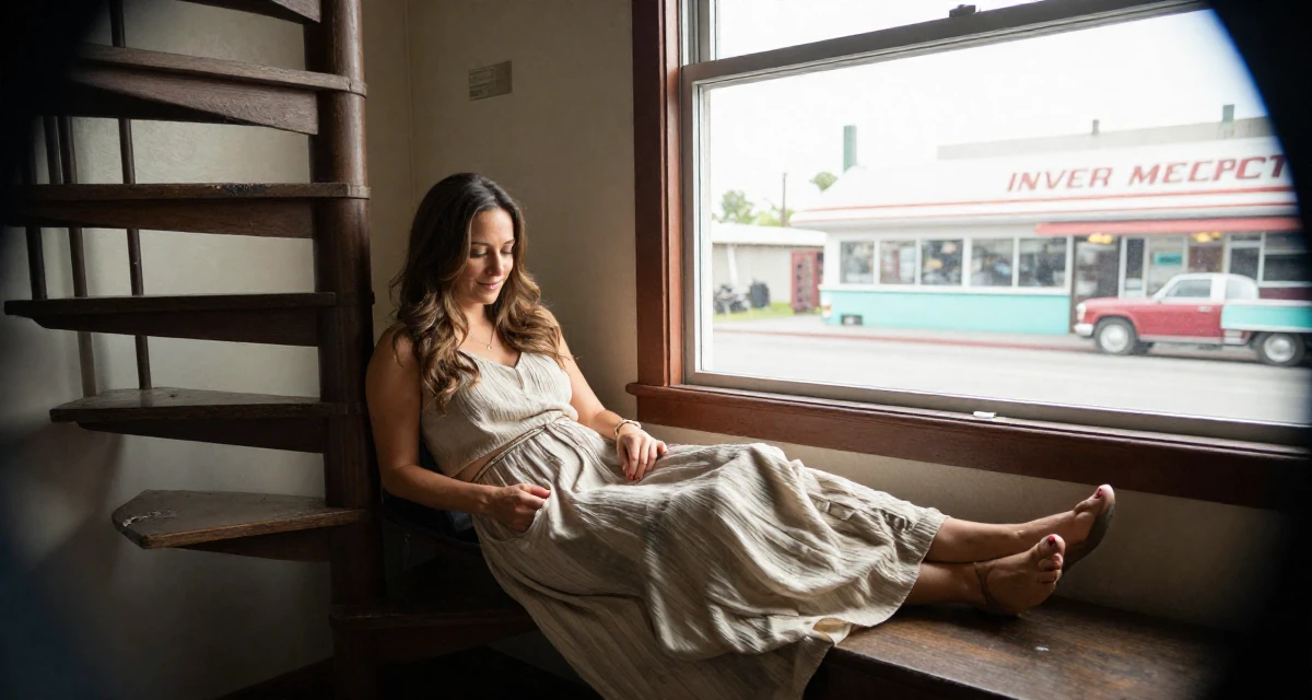 A softly smiling Female From USA, studied screenwriting in Los Angeles in their 49, preparing for a spiritual pilgrimage, wearing a flowing maxi skirt and top, reaching for a pocket in a cozy reading nook by a window.