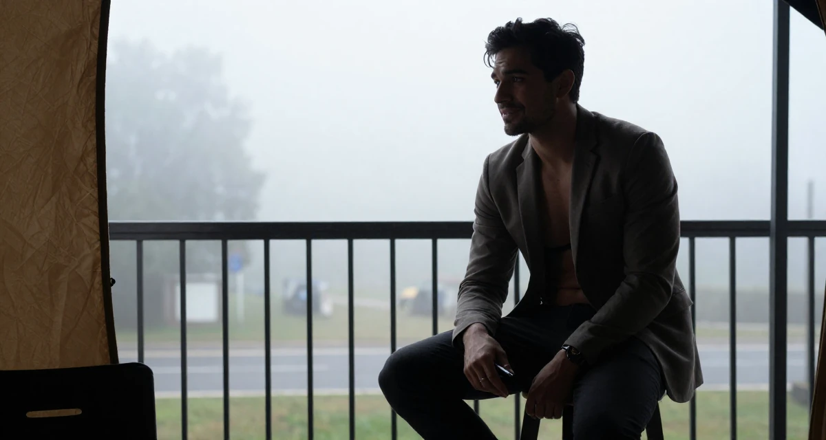 A softly smiling male Grew up in France, majored in cultural studies in their 24, worried about the future of the economy, wearing a fitted blazer with nothing underneath but a lace bra (hinted), holding a pen in a camping site.