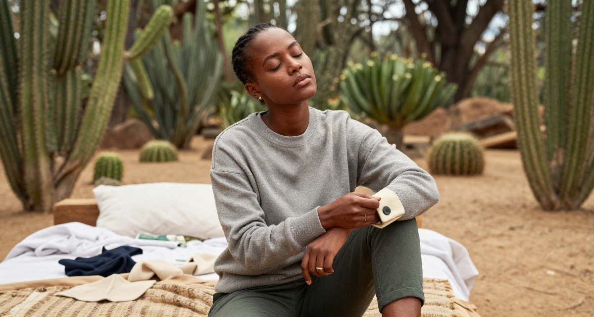 A fearless Female From Kenya, based in Nairobi, graduated from a creative institute majoring in aesthetic communication in their 40, re-evaluating life goals with clarity, wearing a comfortable urban casual outfit, fixing a cufflink in a magical forest clearing.