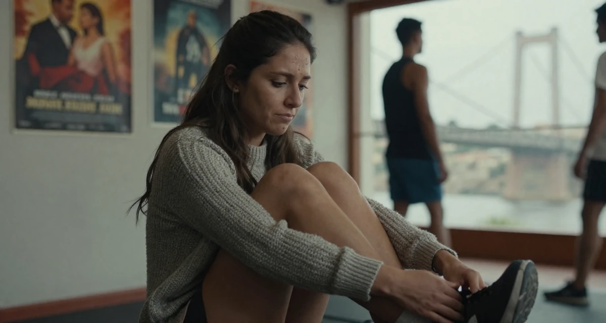 A sympathetic Female From Peru, studied hospitality and tourism management in their 27, dealing with the pressure of peers getting married, wearing a textured wool sweater, tapping a foot in a gym interior.