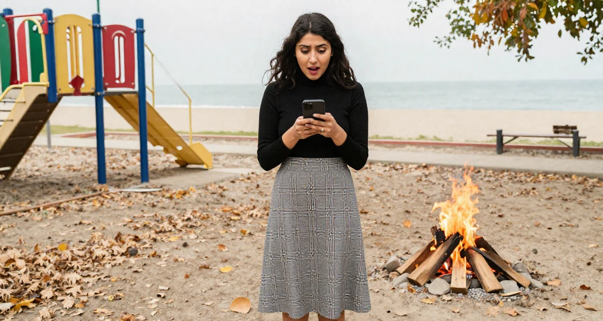 A relaxed and happy Female Raised in Pakistan, majored in mass communication in their 22, shocked by the cost of rent and groceries, wearing a classic black turtleneck tucked into a plaid midi skirt, unlocking a phone screen in a school playground.