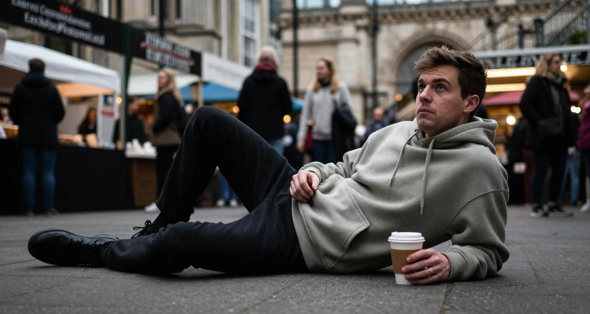 A moody male From Ireland, majored in creative media production in their 22, building early digital portfolios, wearing a trendy oversized hoodie, holding a cup of coffee in a banquet hall.