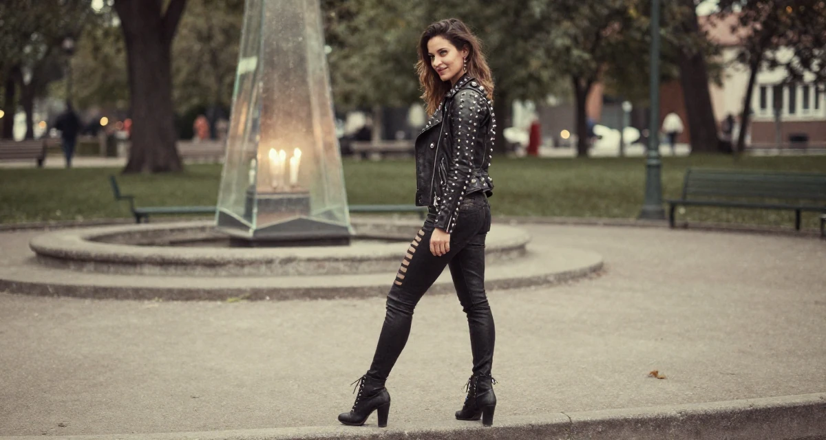 A friendly Female Born in Colombia, trained in audiovisual communication in their 23, looking sophisticated but feeling lost inside, wearing a heavy metal rocker outfit with studs and leather, stepping onto a curb in a quiet park.