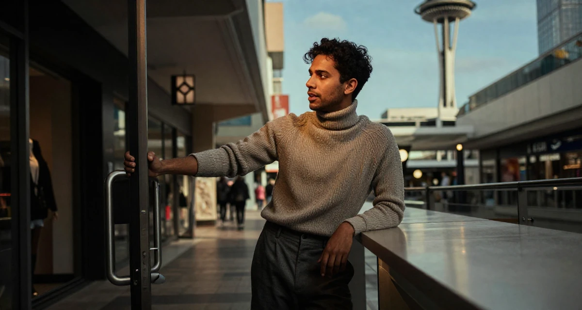 A vibrant male From France, studied fashion design in their 25, developing early financial habits, wearing a turtleneck sweater tucked into high-waisted shorts, pushing a door open in a shopping mall atrium.