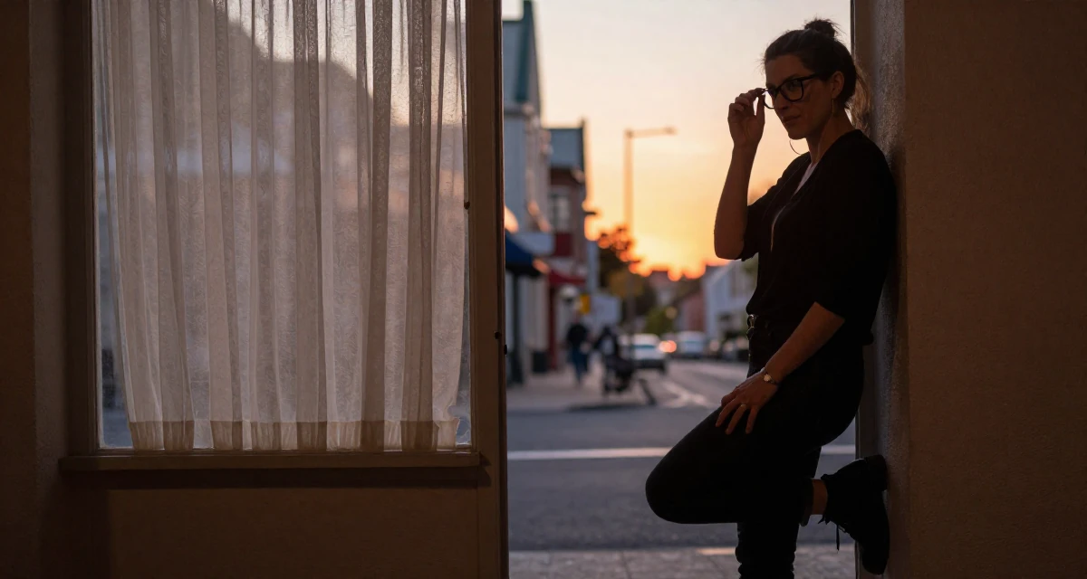 A rebellious Female From Australia, studied event management in their 42, sharing the journey of perimenopause health, wearing a modern grunge aesthetic, adjusting glasses in a quaint European street.