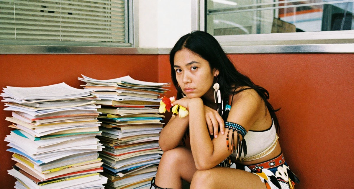 A distracted Female From Singapore, studied business analytics in their 37, rebuilding savings after unexpected expenses, wearing a tribal shaman outfit with feathers and bones, holding a flower in a quiet library corner.