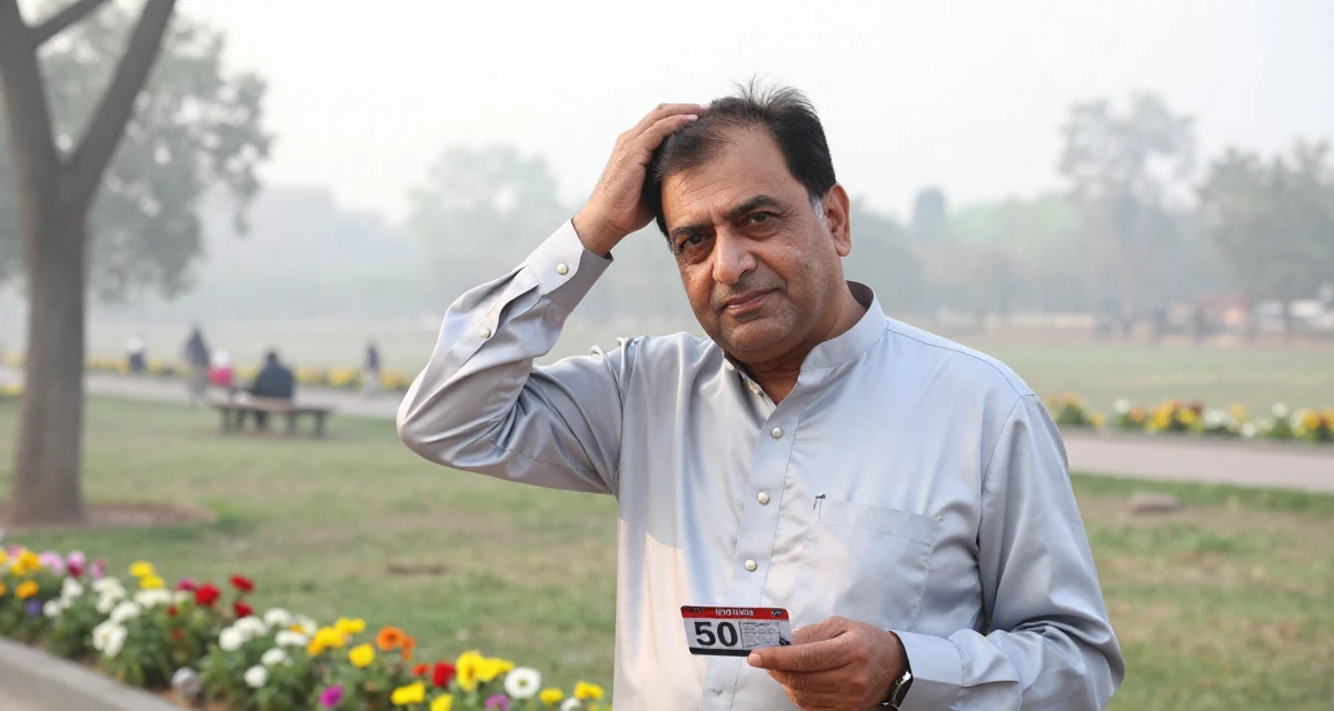 A solemn but kind male Raised in Pakistan, majored in mass communication in their 50, golden jubilee celebration of life, wearing a satin blouse with pearl buttons, holding a subway card in a quiet park.