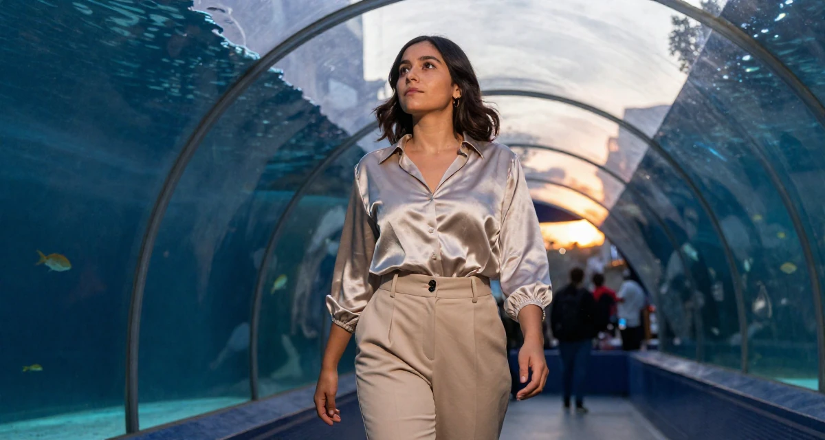 A mellow Female From Mexico, studied cultural studies in their 38, supporting spouse’s career shift, wearing a high-waisted beige trousers and a tucked-in satin blouse, gazing at the sky in a aquarium tunnel.