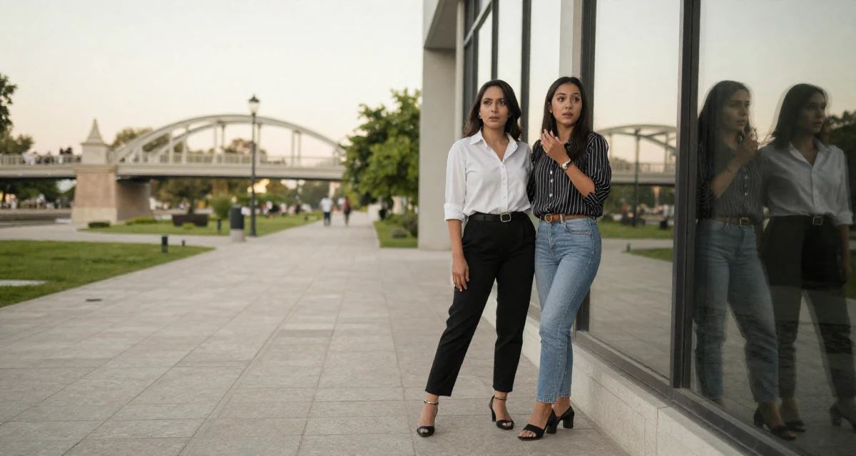 A subtly surprised Female From Mexico, majored in law in their 20, feeling invincible on a night out with friends, wearing a refined casual Friday look, checking a reflection in a window in a quiet park.