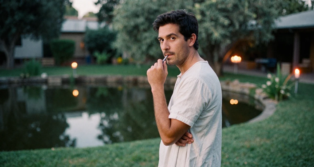 A alluring male From Ecuador, studied system engineering in their 46, transitioning from employee to founder, wearing a airy cotton dress for summer, chewing on a pen thoughtlessly in a backyard garden.