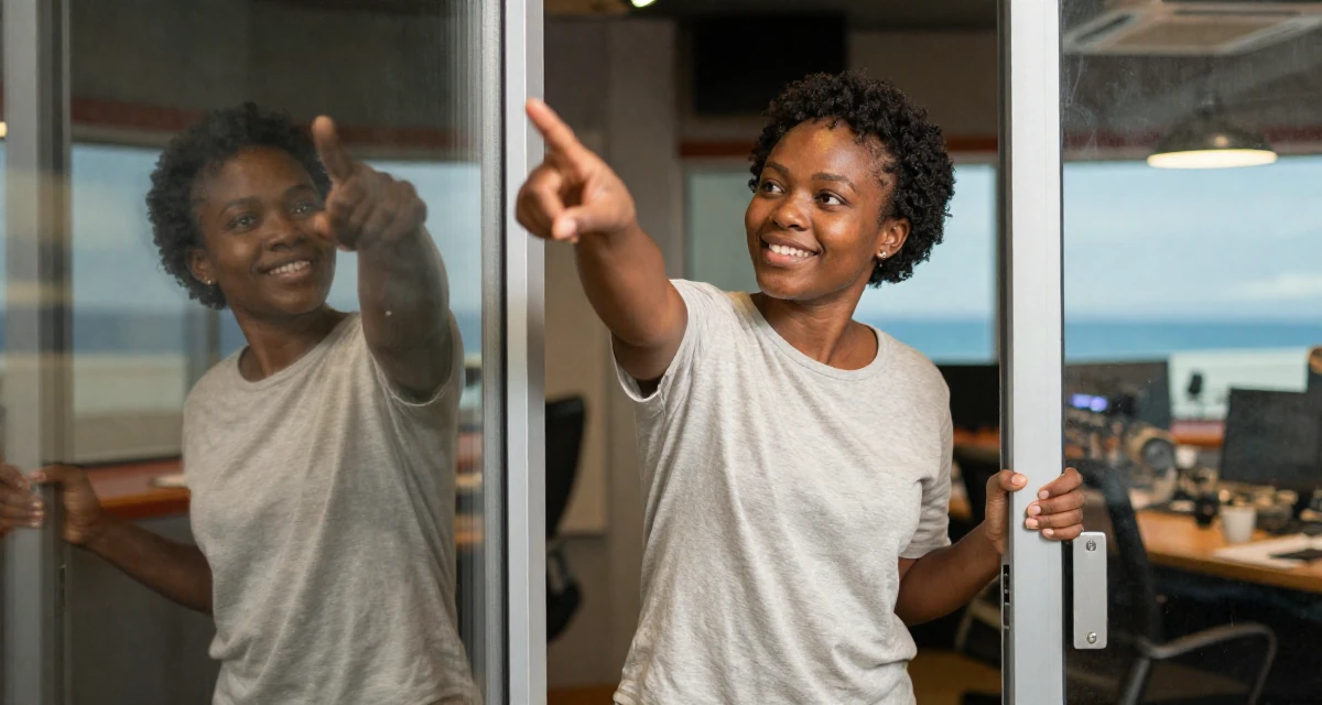 A relaxed and happy Female Born in Kenya, majored in mathematics education in their 22, sacrificing weekends for content planning, wearing a soft organic cotton clothing, pulling a door open in a radio station.
