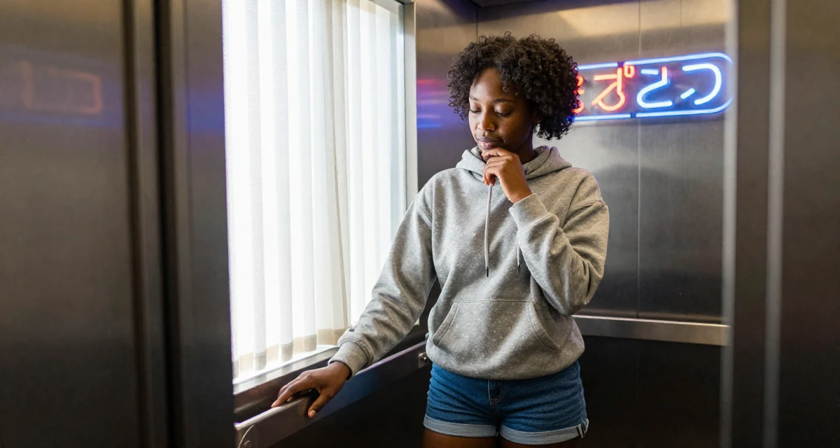 A relieved Female From Kenya, based in Nairobi, graduated from a creative institute majoring in aesthetic communication in their 22, managing new financial responsibilities, wearing a casual hoodie and denim shorts, touching the chin thoughtfully in a elevator hall.