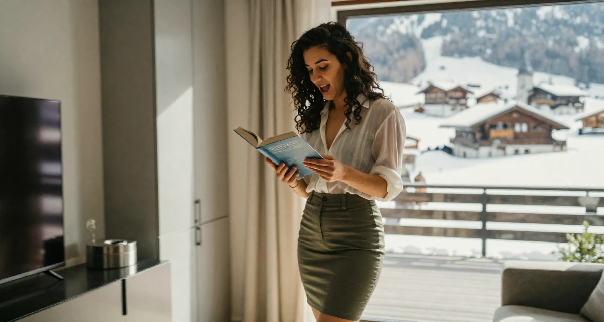 A playful and energetic Female From Portugal, studied marine sciences in their 20, spending too much time scrolling social media, wearing a sheer sleeve blouse and a high-waisted skirt, opening a book in a sunlit living room.