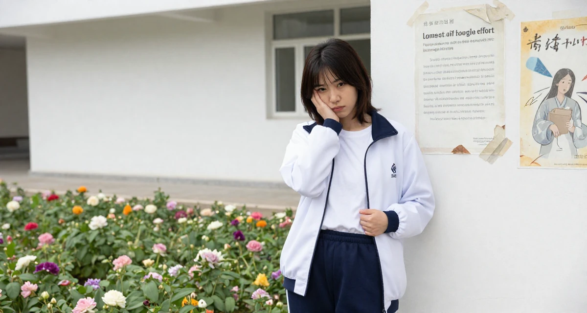 A aloof Female Once a junior chemist, now exploring creative body-lighting concepts in their 23, learning the pain of “low views after high effort”, wearing a school gym uniform with bloomers and a white t-shirt, unbuttoning a coat in a blooming flower garden.