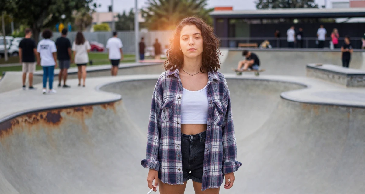 A glowing Female From Brazil, studied logistics engineering in their 22, facing judgment from people who don’t understand creator life, wearing a oversized flannel shirt unbuttoned over a crop top, holding a cigarette (lit or unlit) in a skate park.