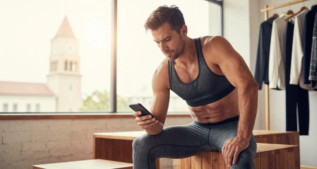 A exhausted male Former martial-arts trainee, now producing athletic creator content in their 50, proof that life begins at fifty, wearing a form-fitting athletic set with a sports bra and leggings, checking a notification on a phone in a fashion runway.