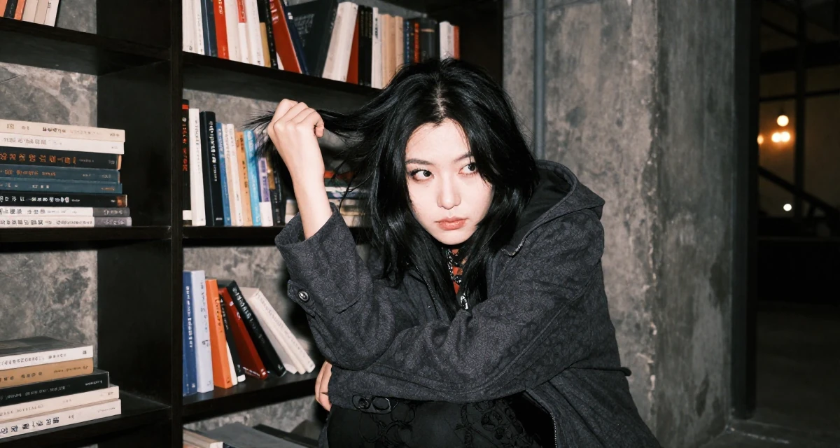 A contemplative Female Born Chinese-speaking regions, studied strategic communication in their 22, managing emotional whiplash from fluctuating subscriber counts, wearing a gothic vampire hunter outfit with a long coat, twirling a lock of hair in a industrial loft.