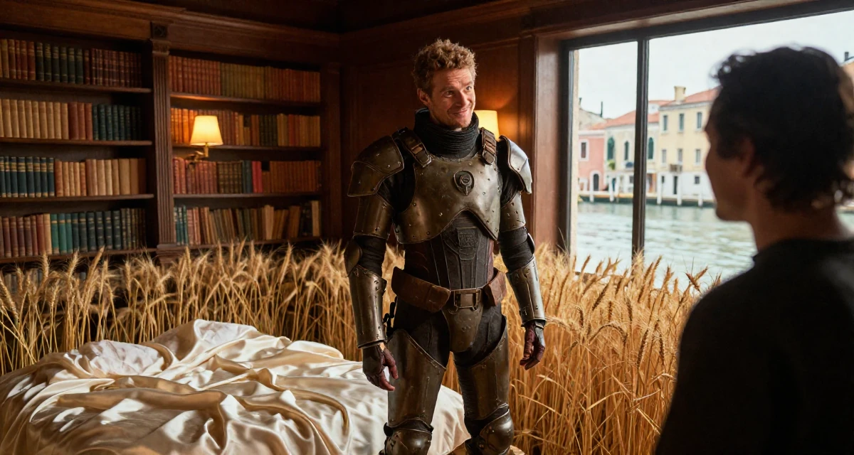 A engrossed male From Gothenburg Sweden, studied sustainable development in their 25, making peace with early awkward content, wearing a biopunk organic armor suit, smiling at a stranger in a golden wheat field.